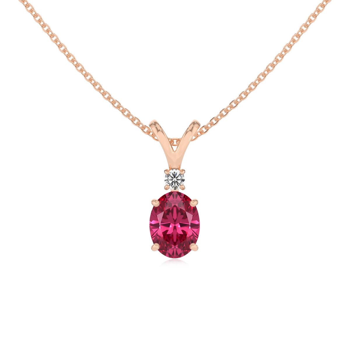 lab grown pink-tourmaline oval solitaire v-bale necklaces in rose gold 
