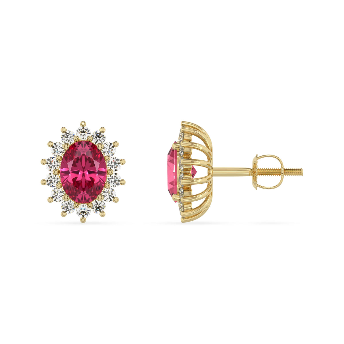 lab grown pink tourmaline oval stud earrings in yellow gold 