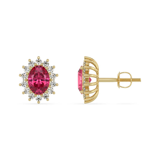 lab grown pink tourmaline oval stud earrings in yellow gold 