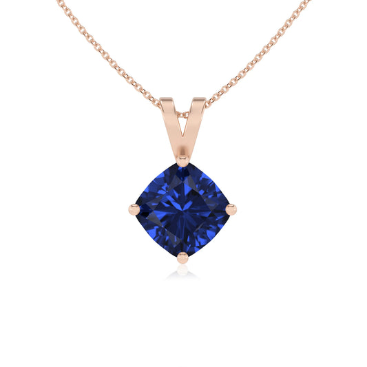lab grown blue-sapphire cushion solitaire v-bale necklaces in rose gold 
