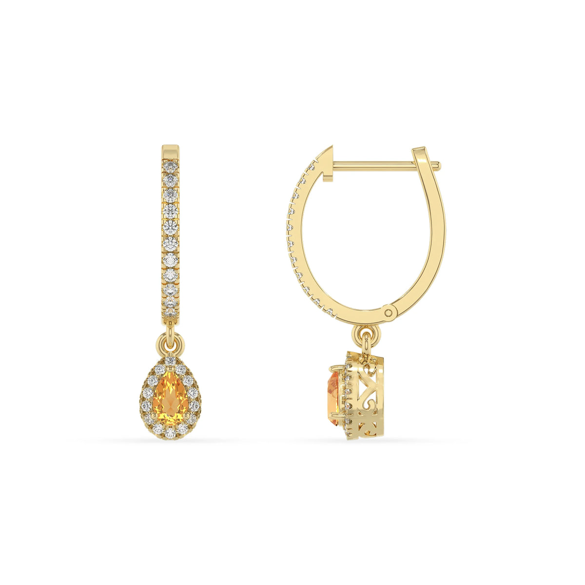 lab grown citrine pear drop earrings in yellow gold 
