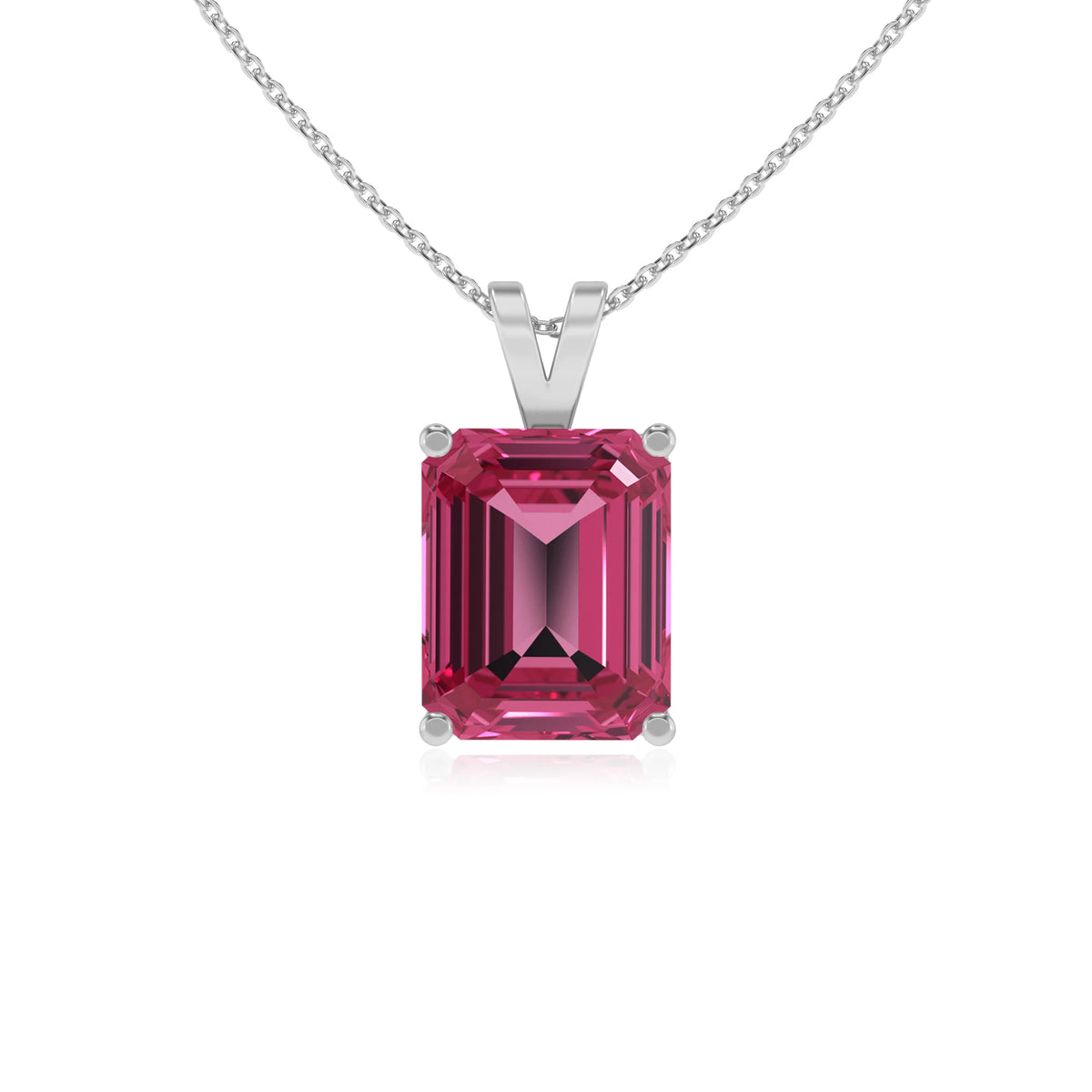 lab grown pink-tourmaline emerald cut solitaire v-bale necklaces in sterling silver 