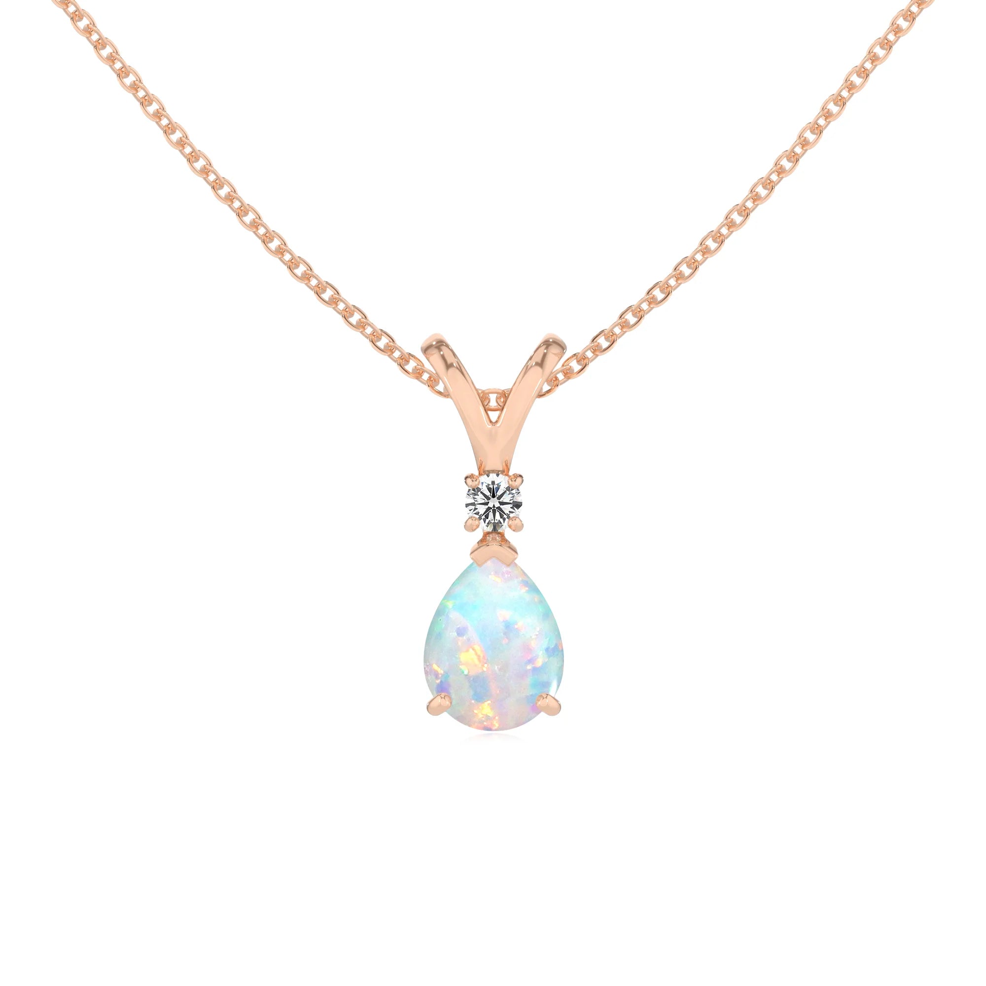 lab grown opal pear solitaire v-bale necklaces in rose gold 