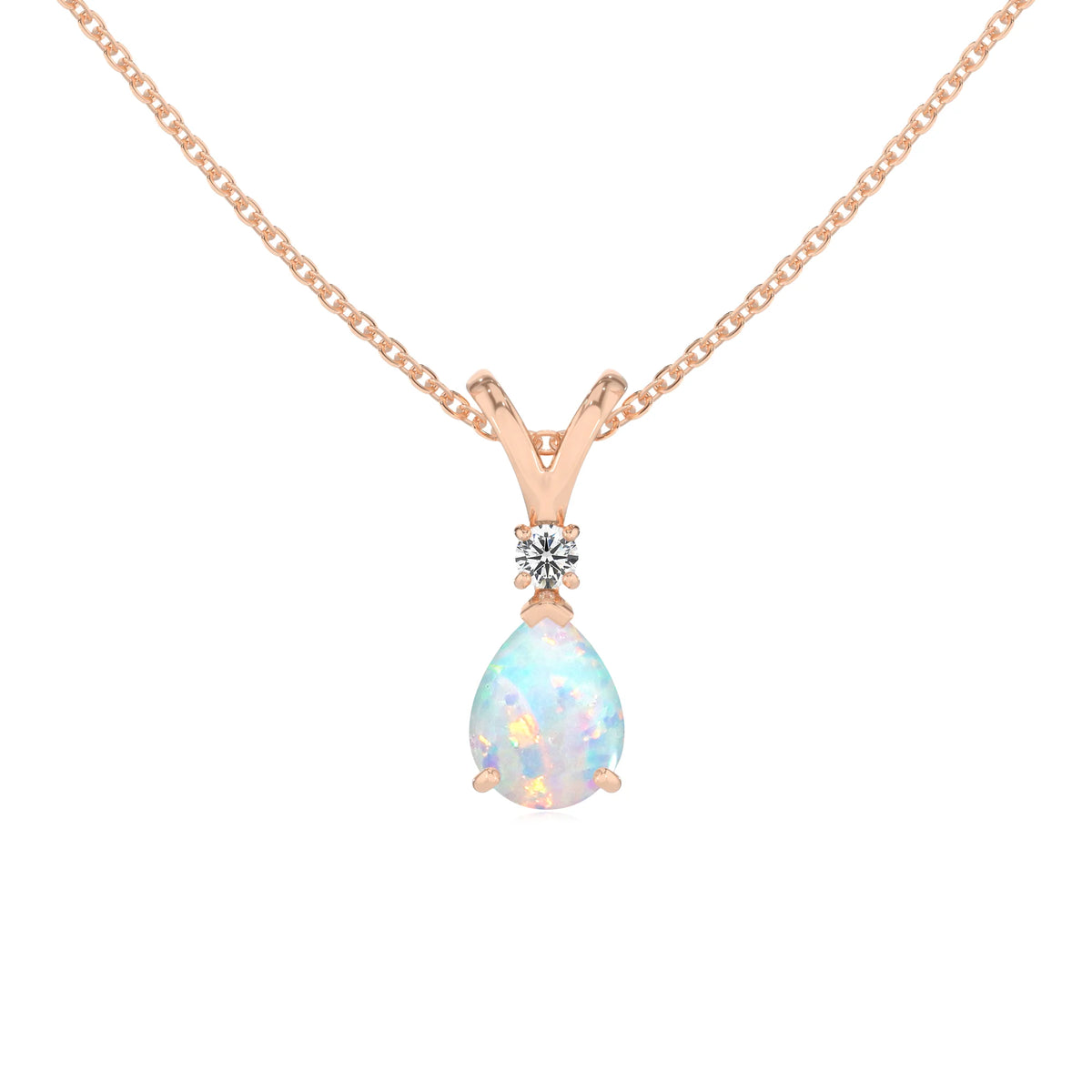 lab grown opal pear solitaire v-bale necklaces in rose gold 