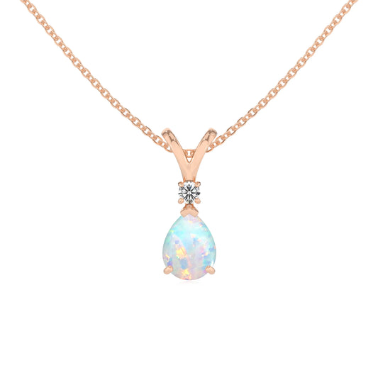 lab grown opal pear solitaire v-bale necklaces in rose gold 