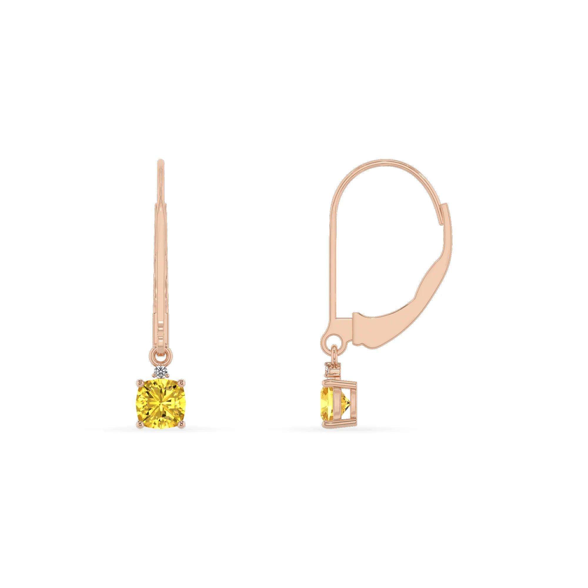 lab grown yellow sapphire cushion drop earrings in rose gold 