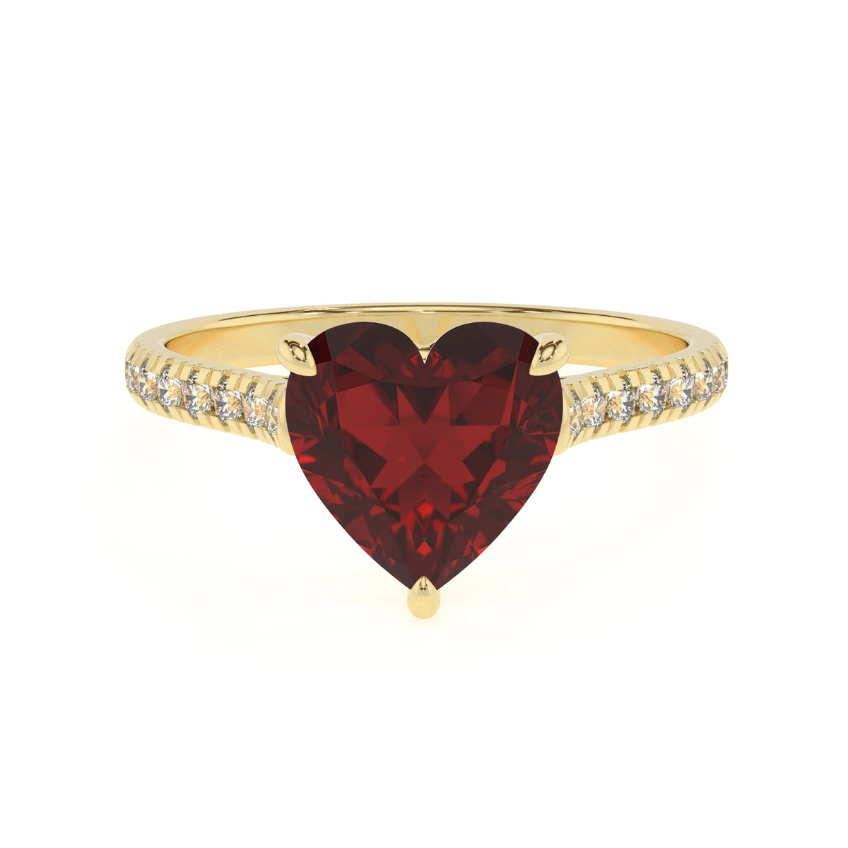 natural garnet heart half eternity solitaire engagement rings in yellow gold 