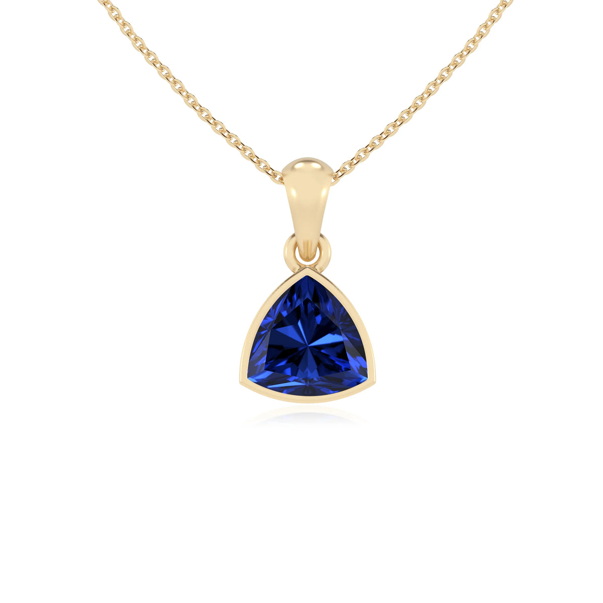lab grown blue-sapphire trillion solitaire necklaces in yellow gold 