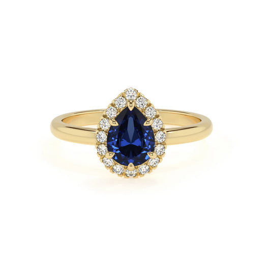 lab grown blue-sapphire pear solitaire rings in yellow gold 