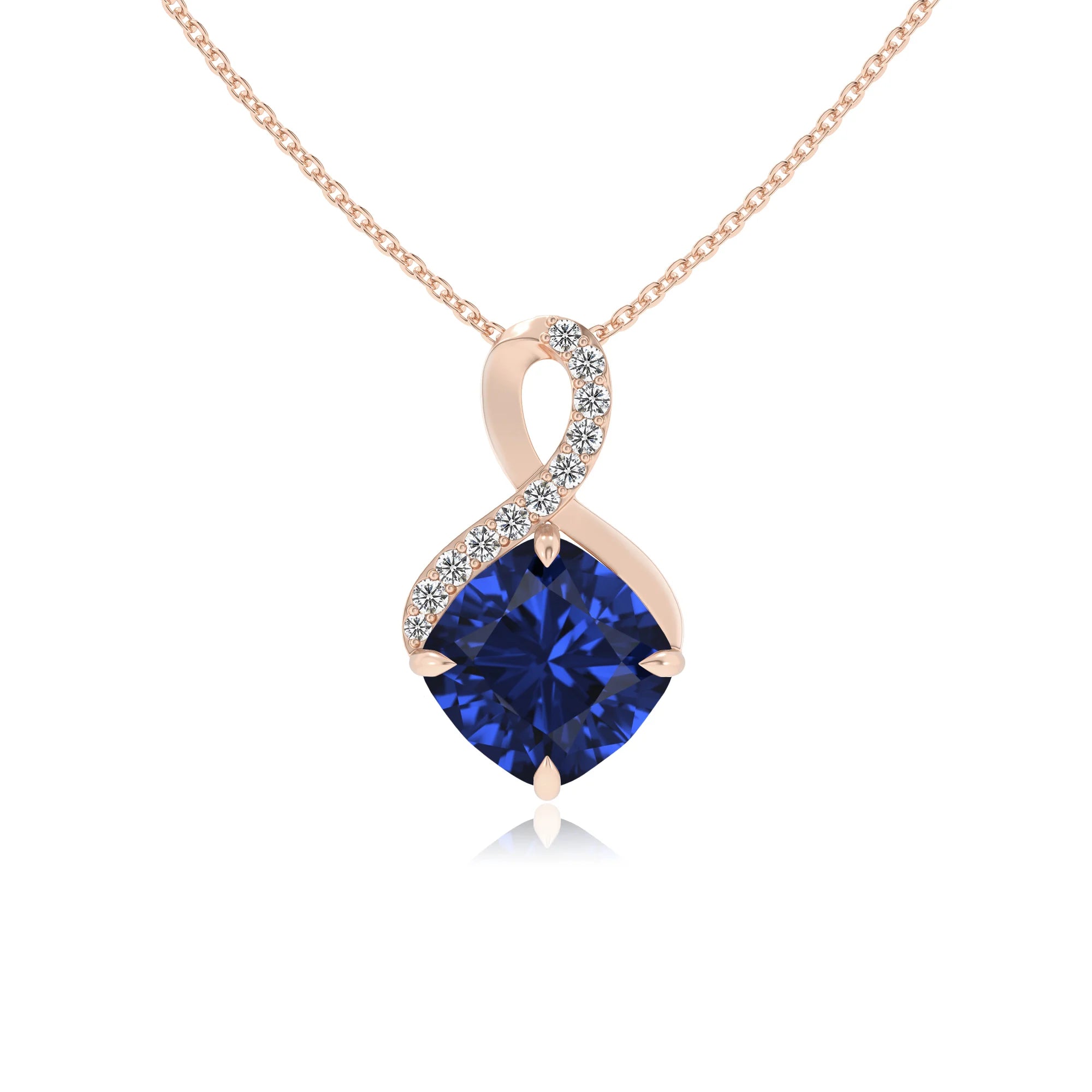 lab grown blue-sapphire cushion infinity necklaces in rose gold 