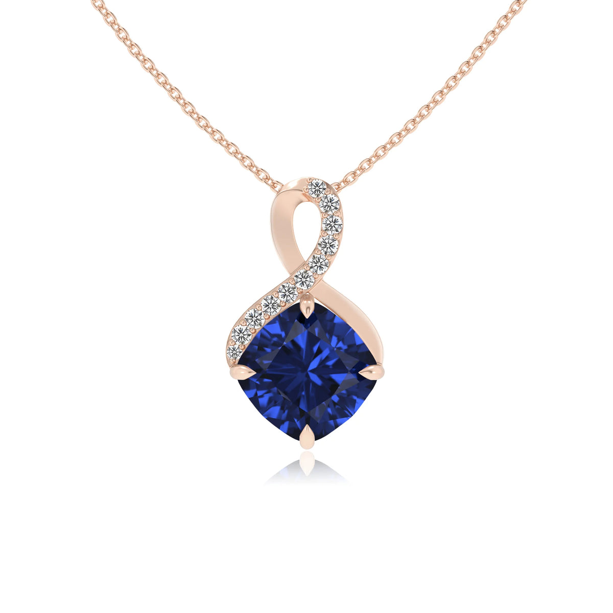 lab grown blue-sapphire cushion infinity necklaces in rose gold 