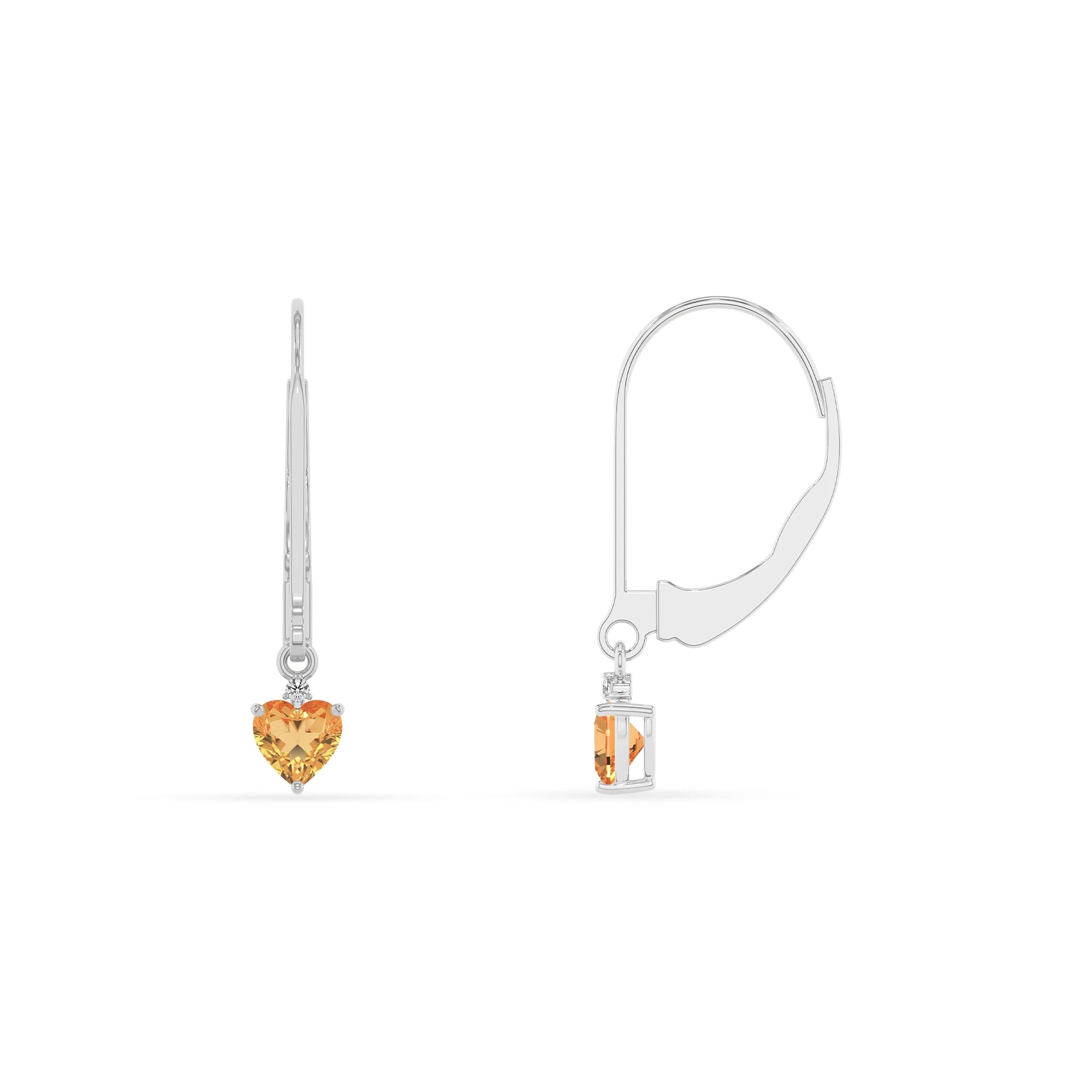 lab grown citrine heart drop earrings in white gold 