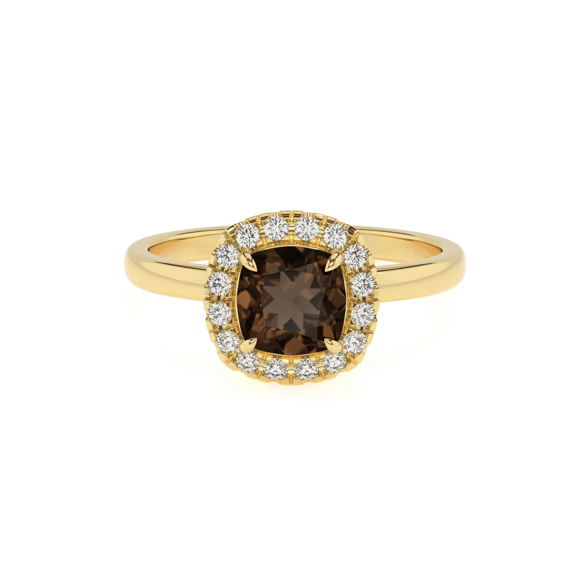 natural smoky-quartz cushion solitaire rings in yellow gold 