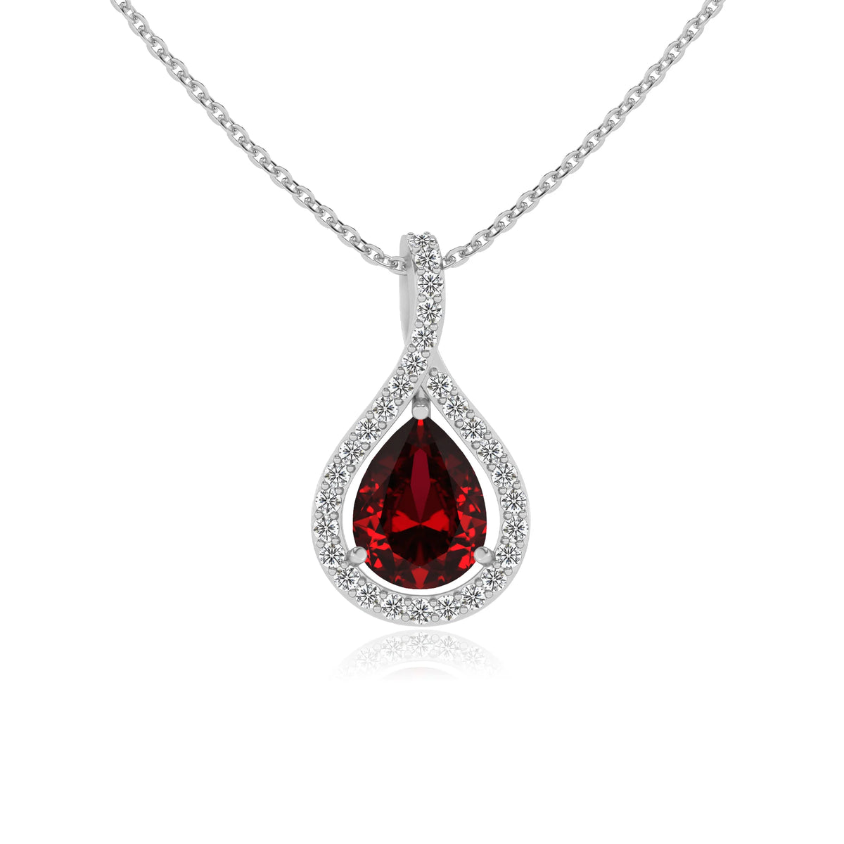 lab grown ruby pear solitaire necklaces in white gold 