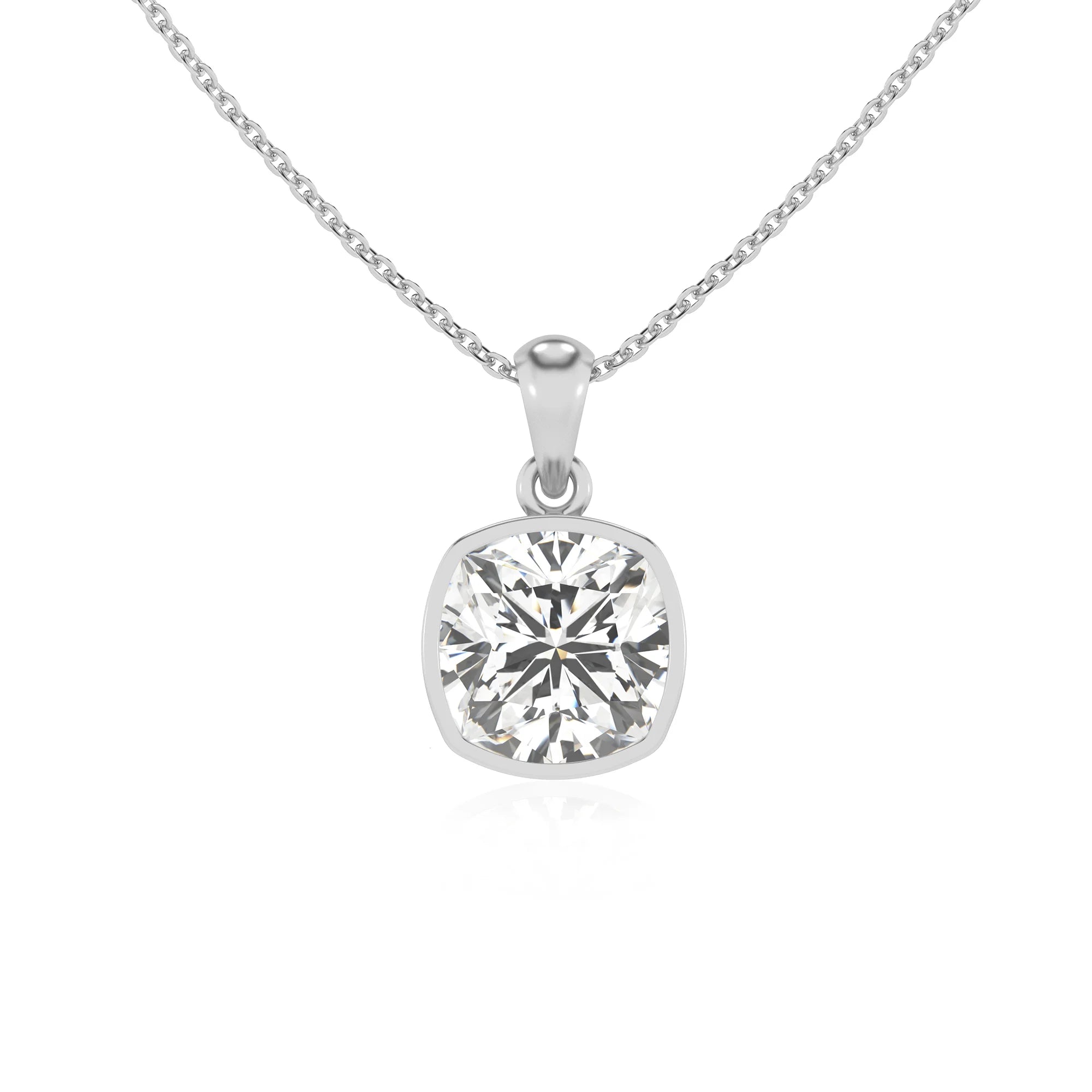 lab grown moissanite cushion solitaire necklaces in sterling silver 