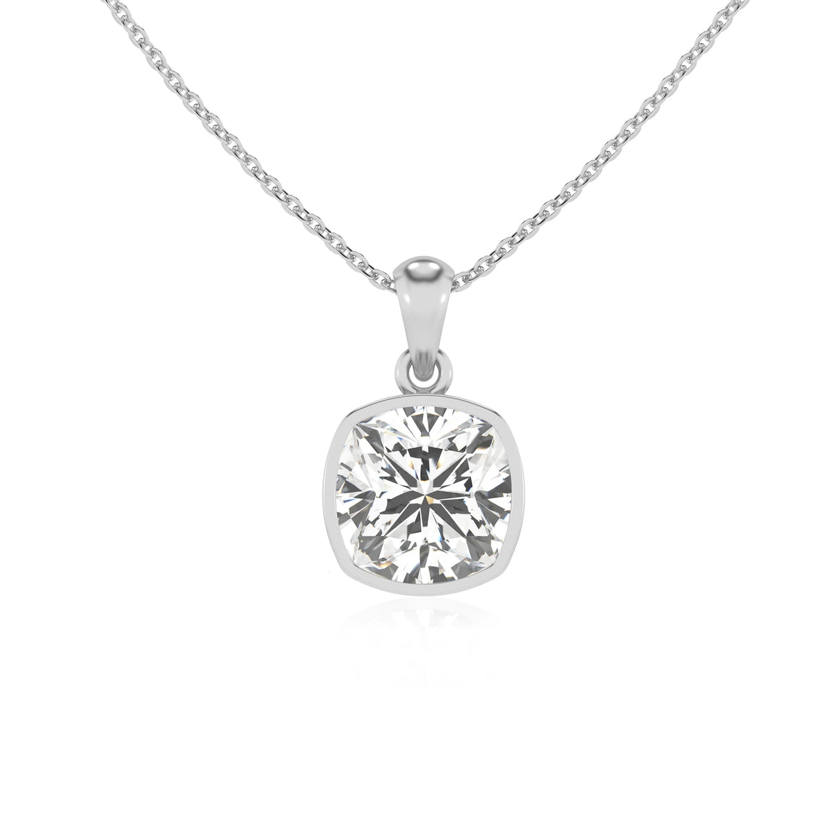 lab grown moissanite cushion solitaire necklaces in sterling silver 
