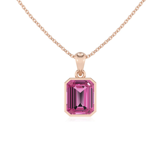lab grown pink-tourmaline emerald cut solitaire necklaces in rose gold 