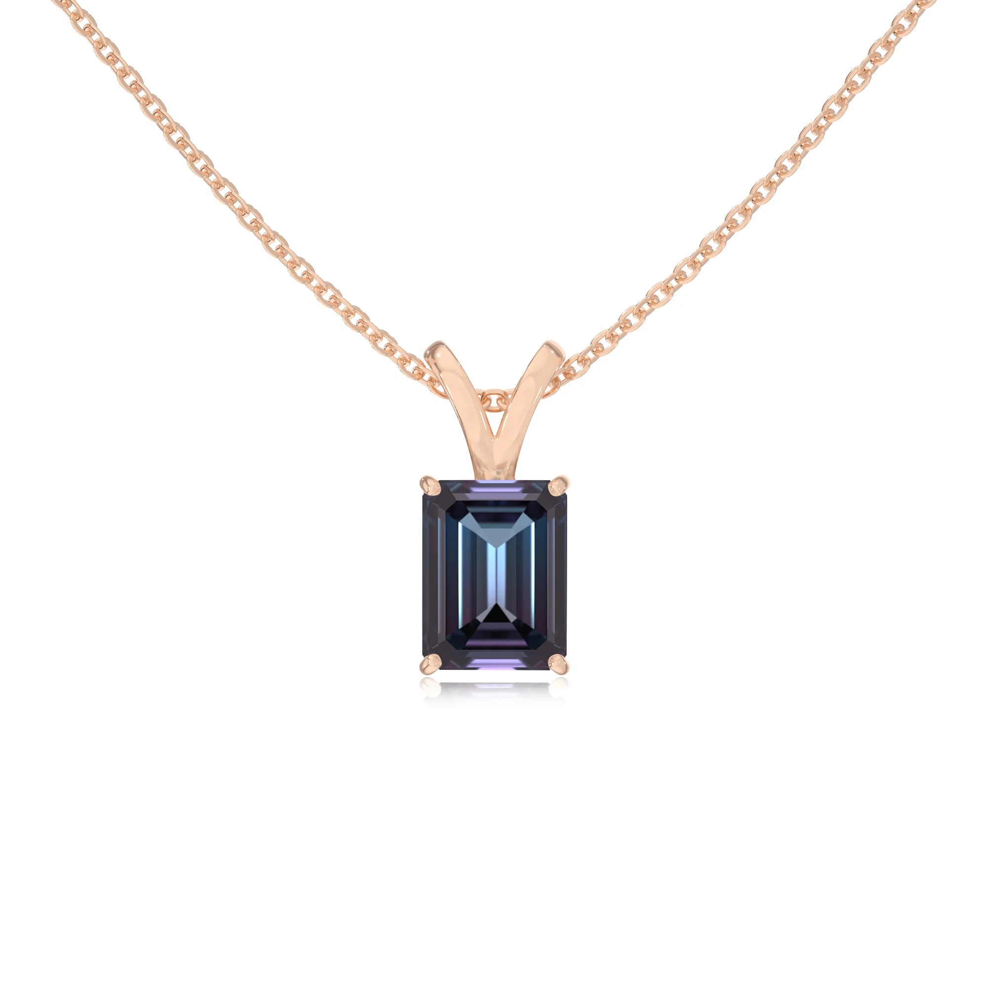 lab grown alexandrite emerald cut solitaire v-bale necklaces in rose gold 