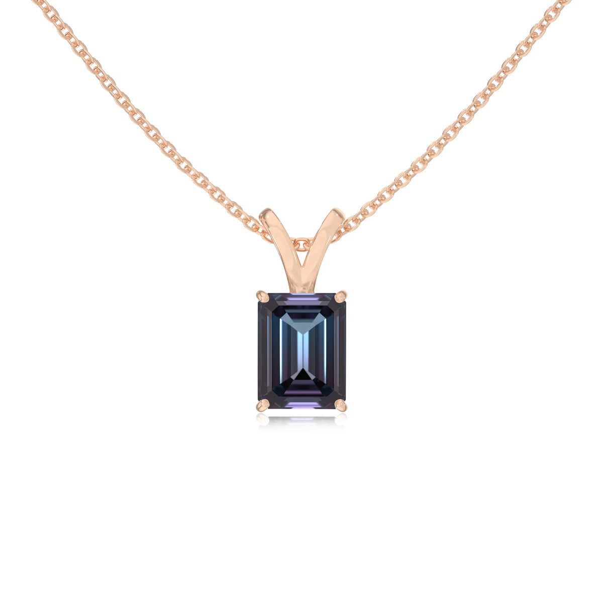 lab grown alexandrite emerald cut solitaire v-bale necklaces in rose gold 