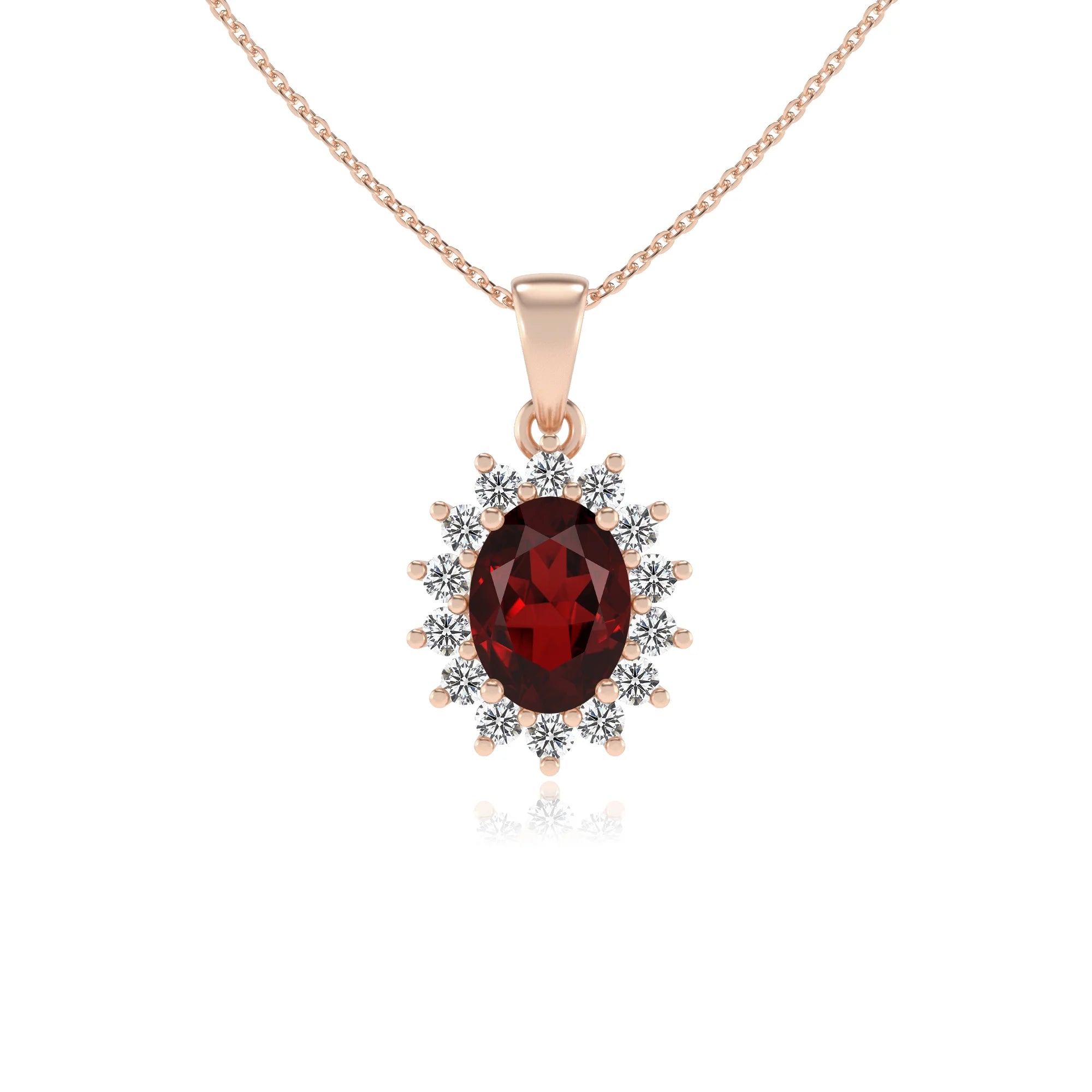 natural garnet oval halo necklaces in rose gold 