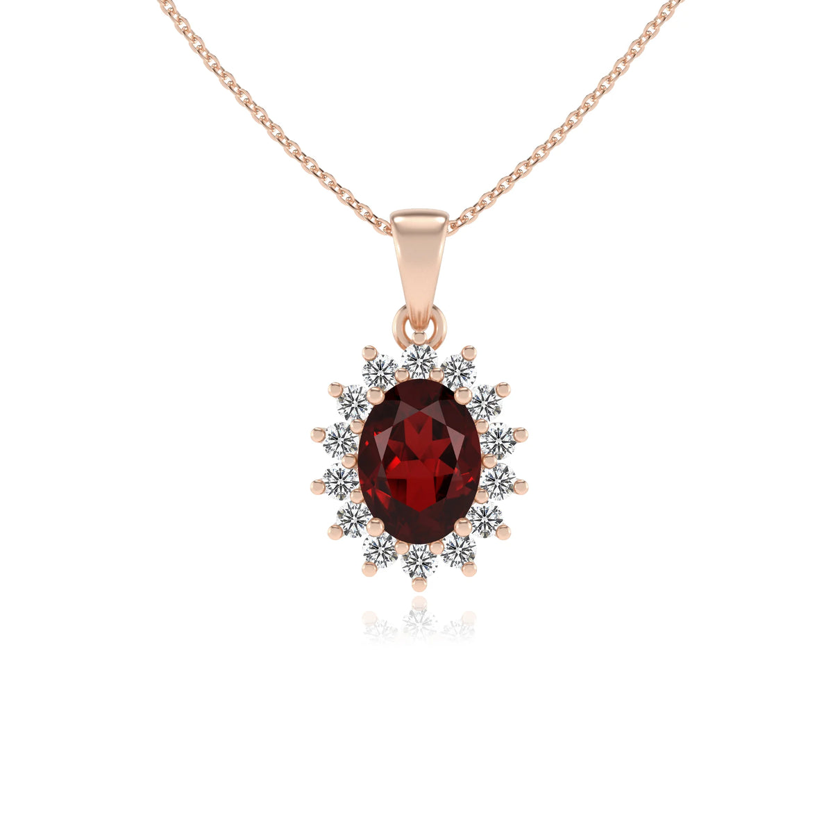 natural garnet oval halo necklaces in rose gold 