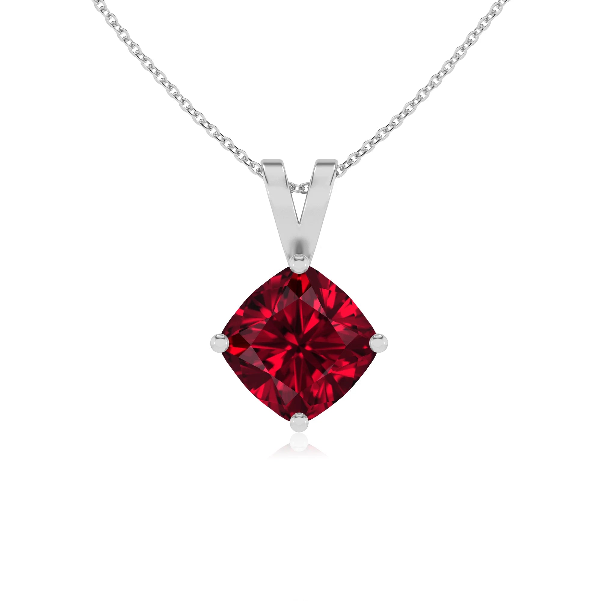 lab grown ruby cushion solitaire v-bale necklaces in sterling silver 