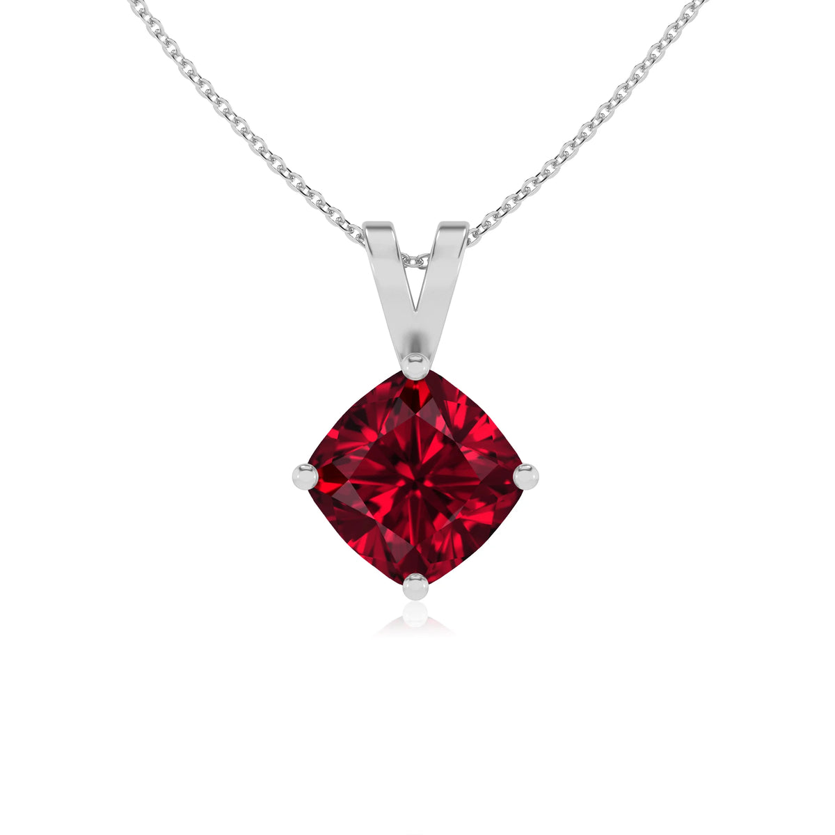 lab grown ruby cushion solitaire v-bale necklaces in sterling silver 