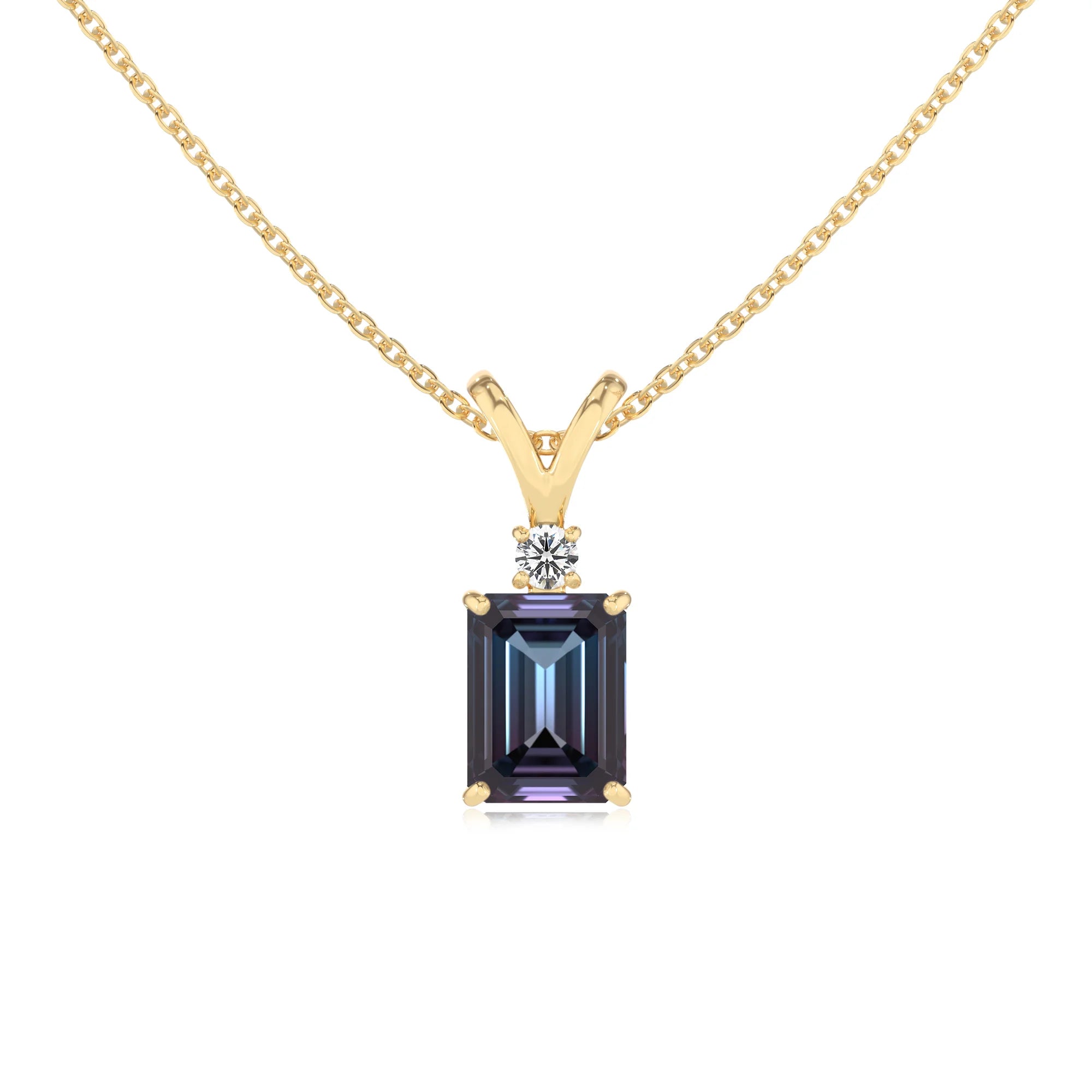 lab grown alexandrite emerald cut solitaire v-bale necklaces in yellow gold 