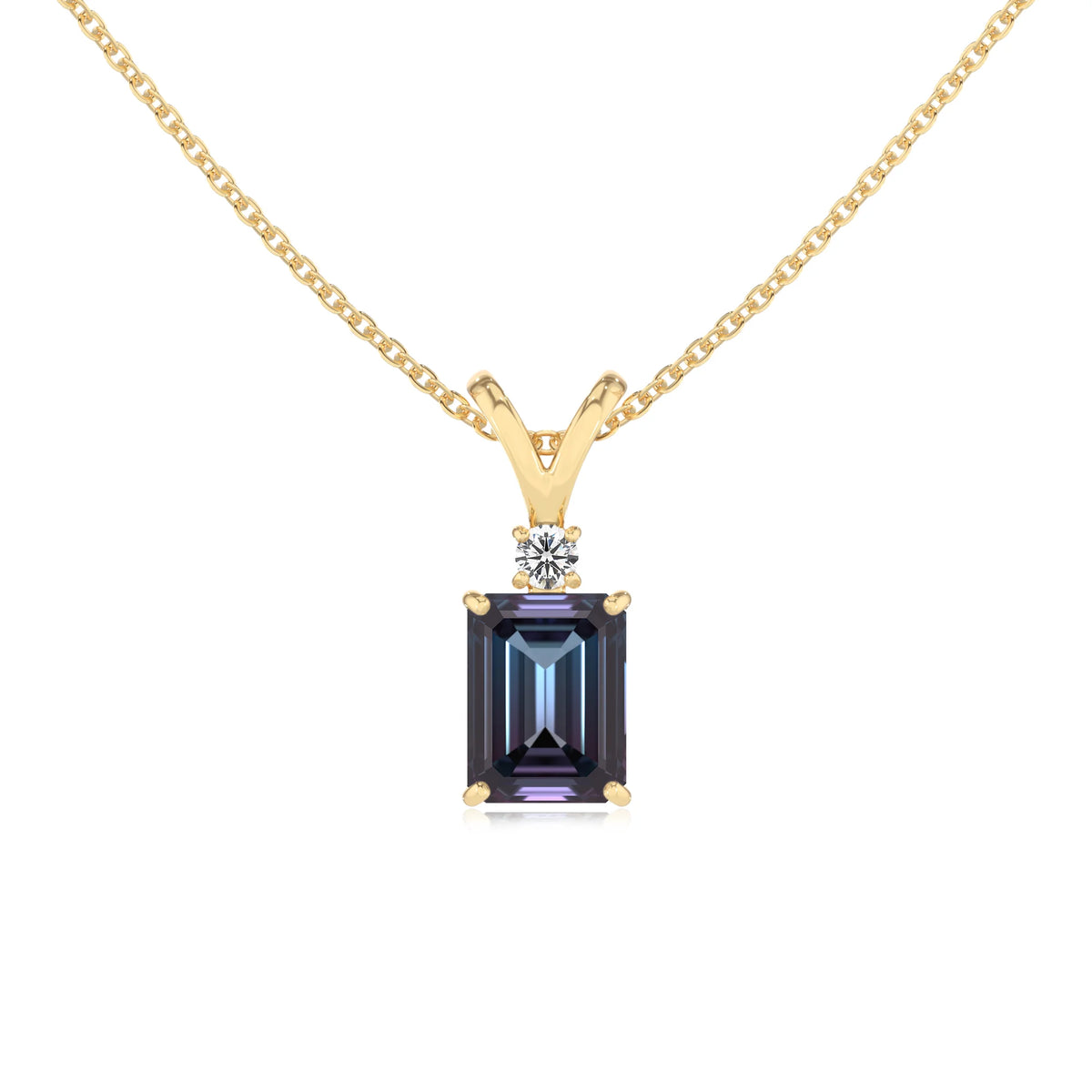 lab grown alexandrite emerald cut solitaire v-bale necklaces in yellow gold 