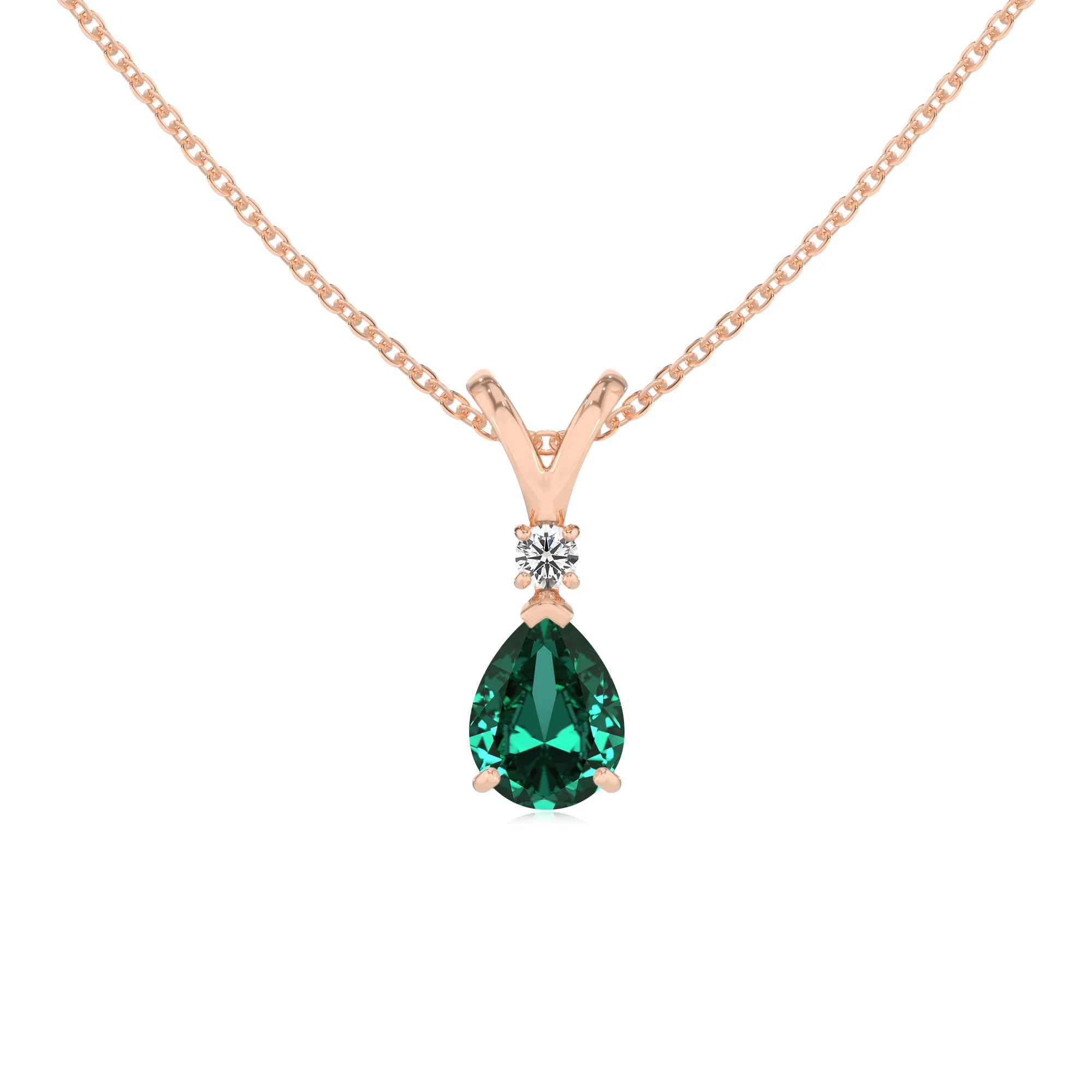 lab grown emerald pear solitaire v-bale necklaces in rose gold 
