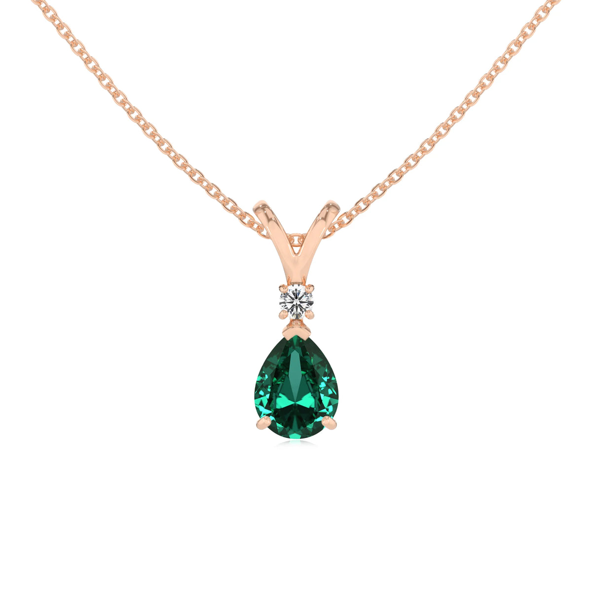 lab grown emerald pear solitaire v-bale necklaces in rose gold 