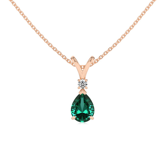 lab grown emerald pear solitaire v-bale necklaces in rose gold 