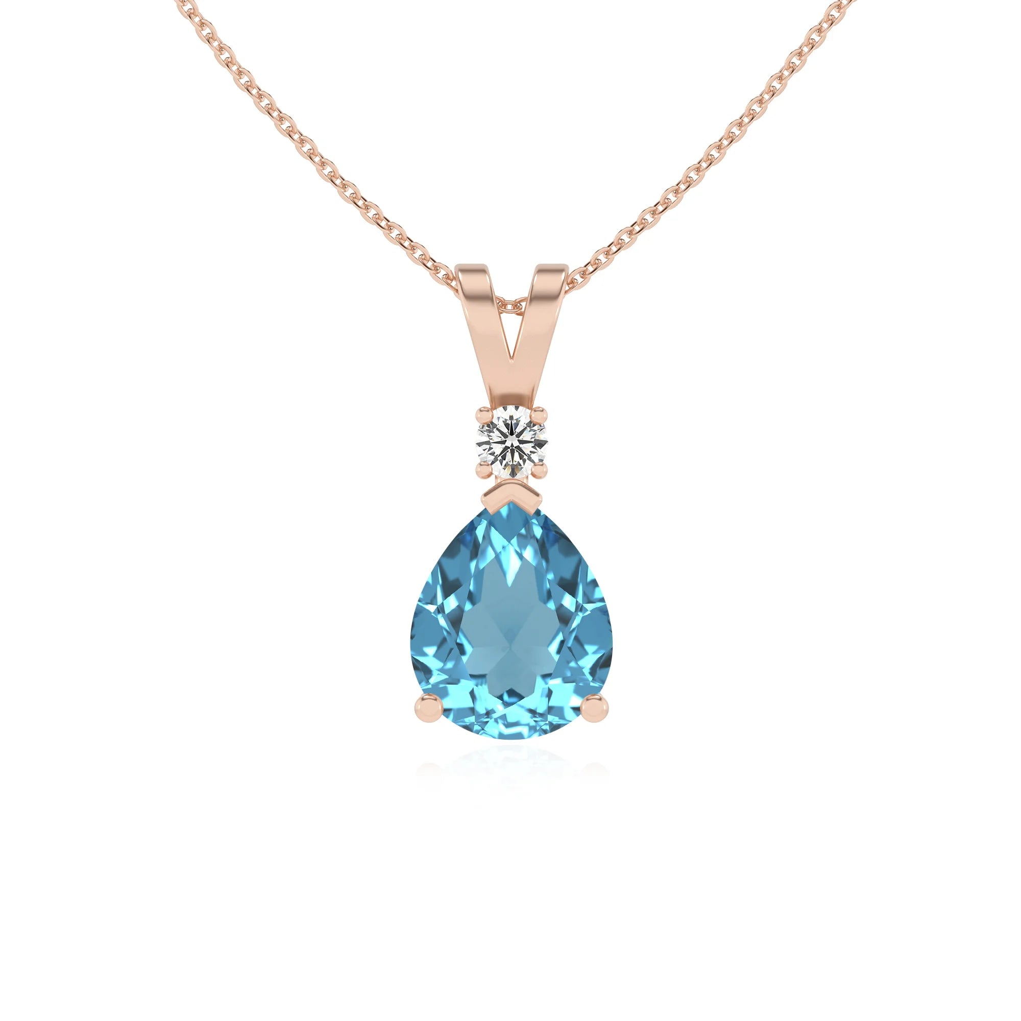 natural swiss-blue-topaz pear solitaire v-bale necklaces in rose gold 