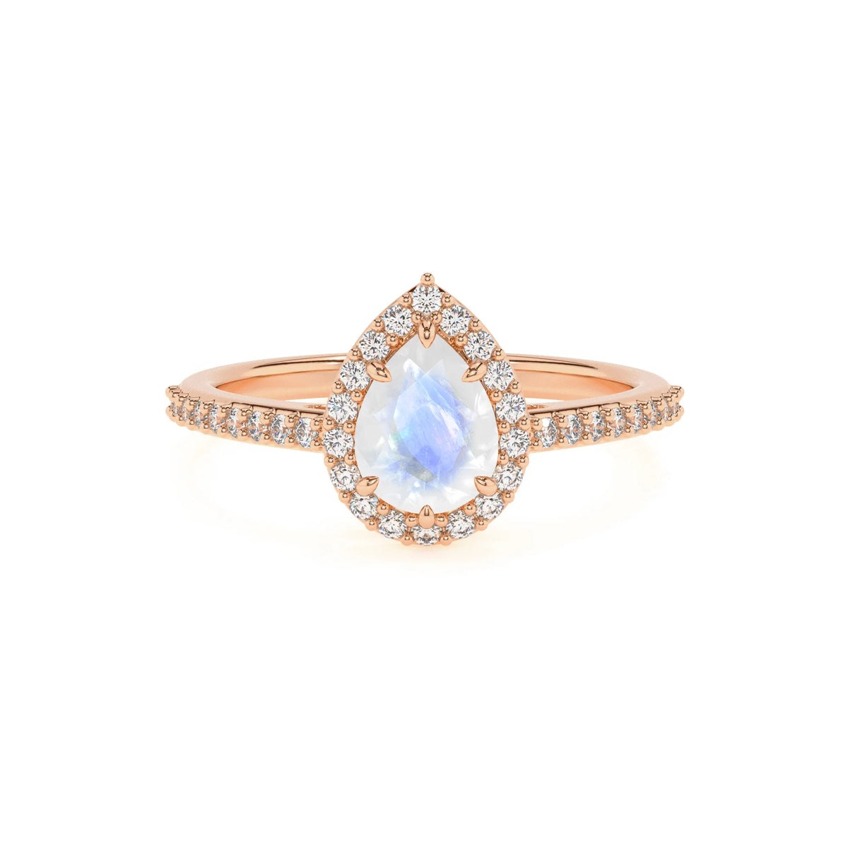 natural rainbow-moonstone pear solitaire rings in rose gold 