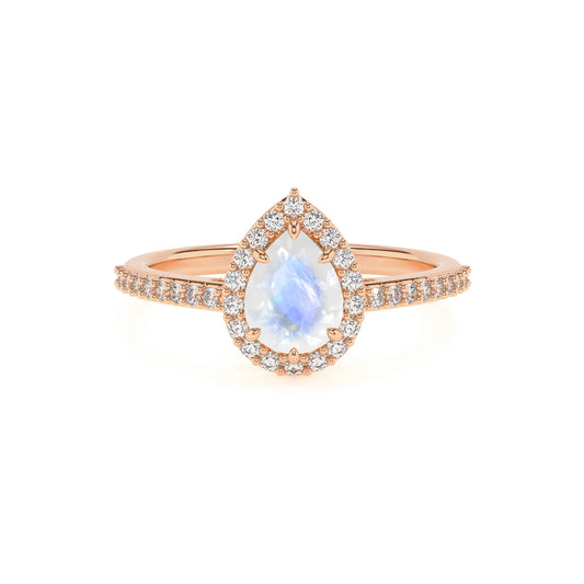 natural rainbow-moonstone pear solitaire rings in rose gold 