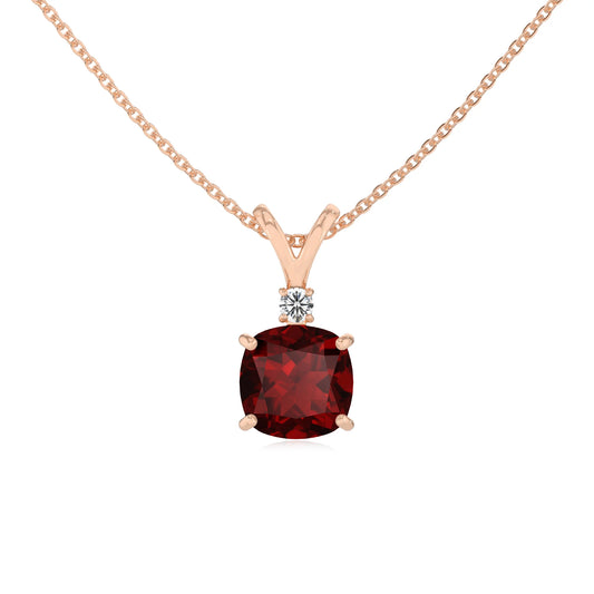 natural garnet cushion solitaire v-bale necklaces in rose gold 