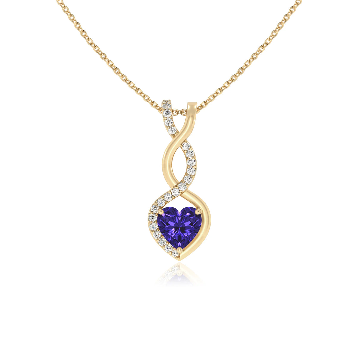 lab grown tanzanite heart infinity necklaces in yellow gold 