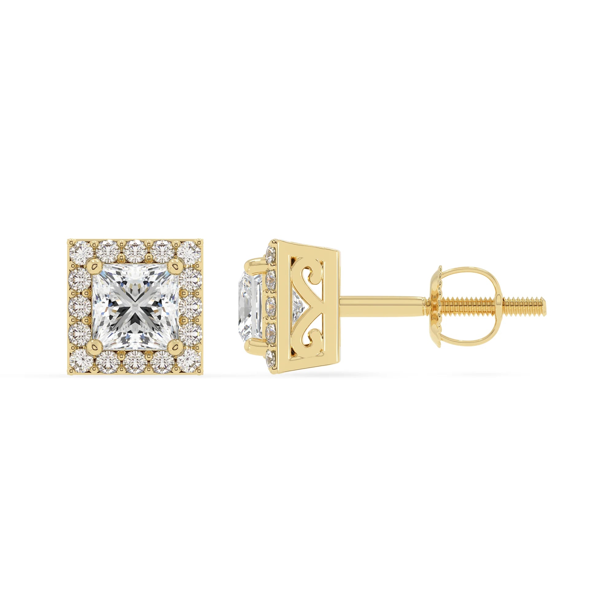 lab grown moissanite princess stud earrings in yellow gold 