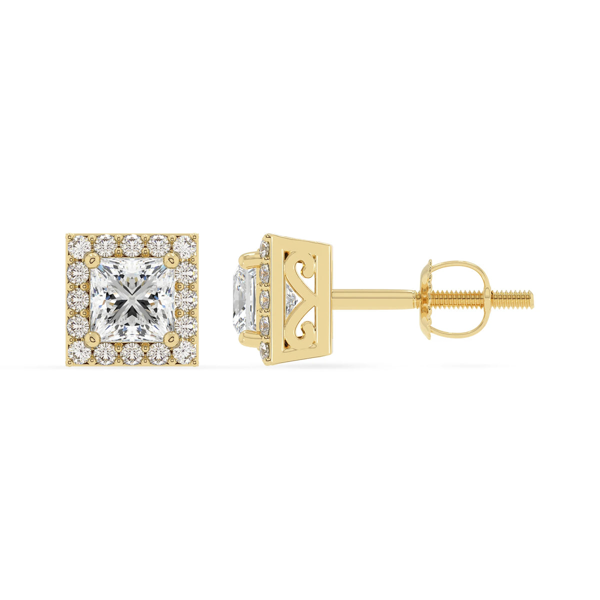 lab grown moissanite princess stud earrings in yellow gold 