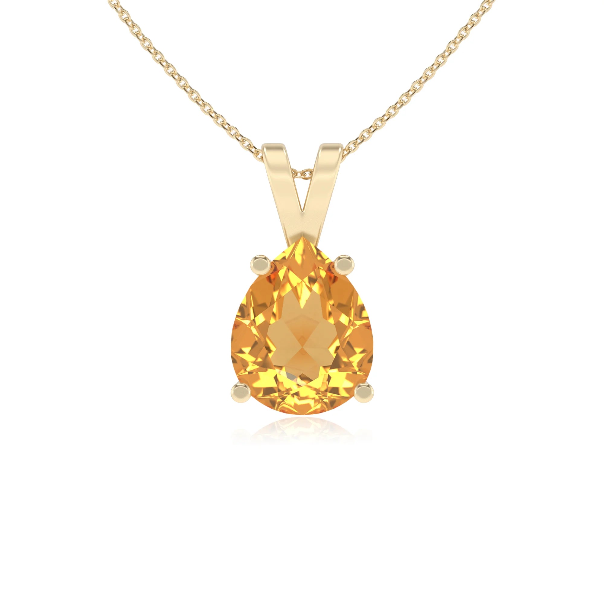 lab grown citrine pear solitaire v-bale necklaces in yellow gold 