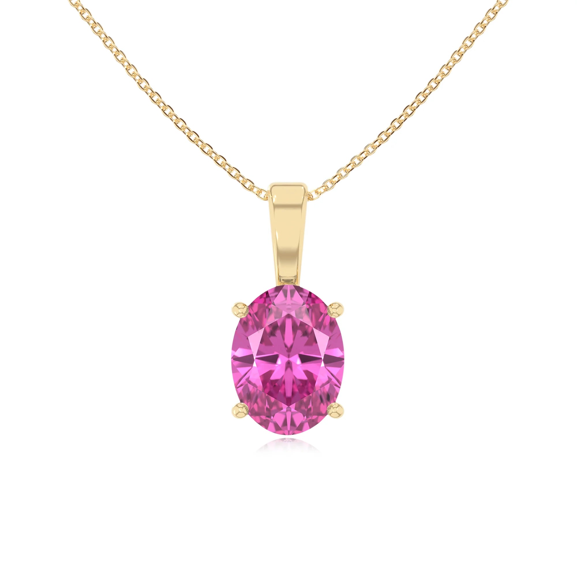 lab grown pink-sapphire oval solitaire necklaces in yellow gold 