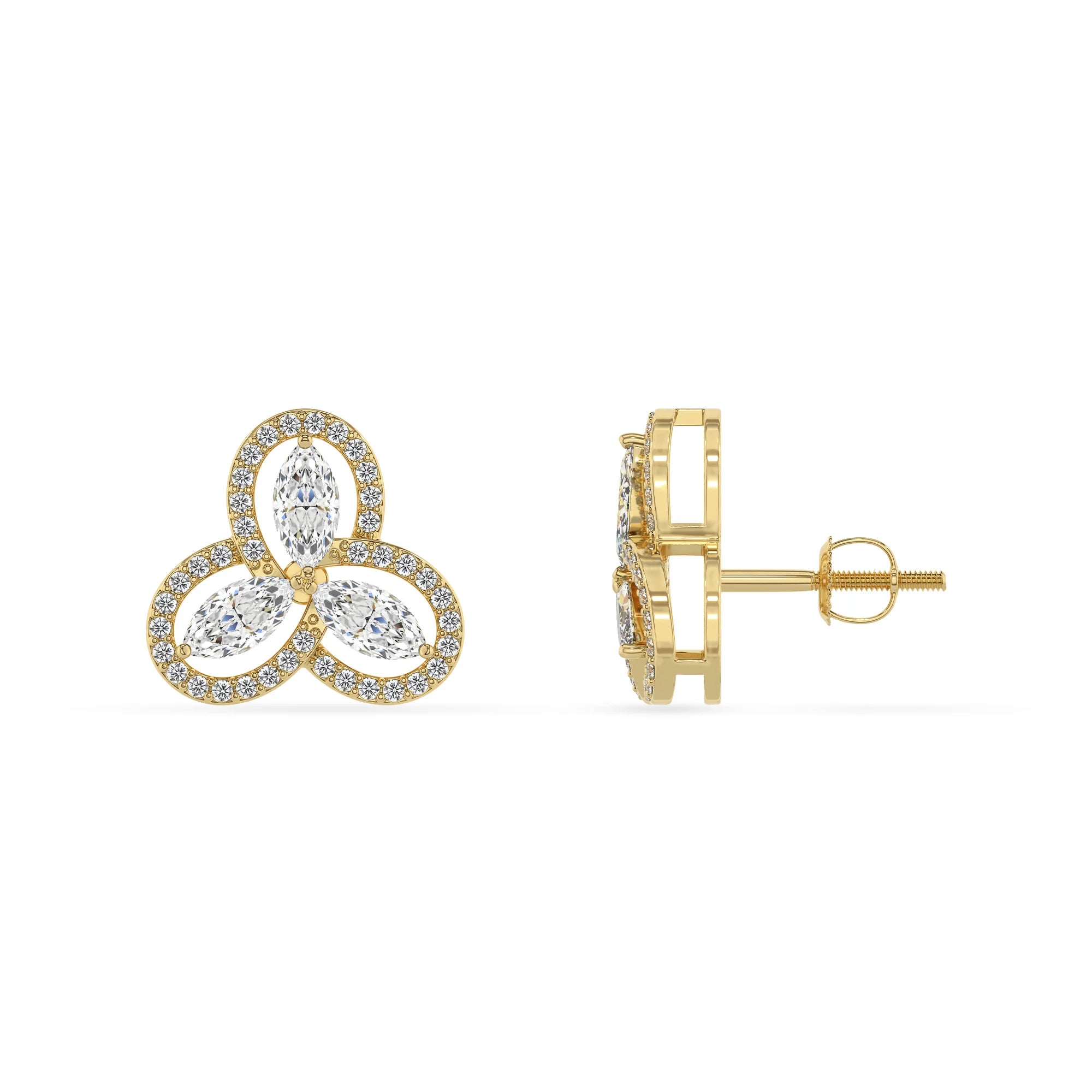 lab grown moissanite marquise stud earrings in yellow gold 