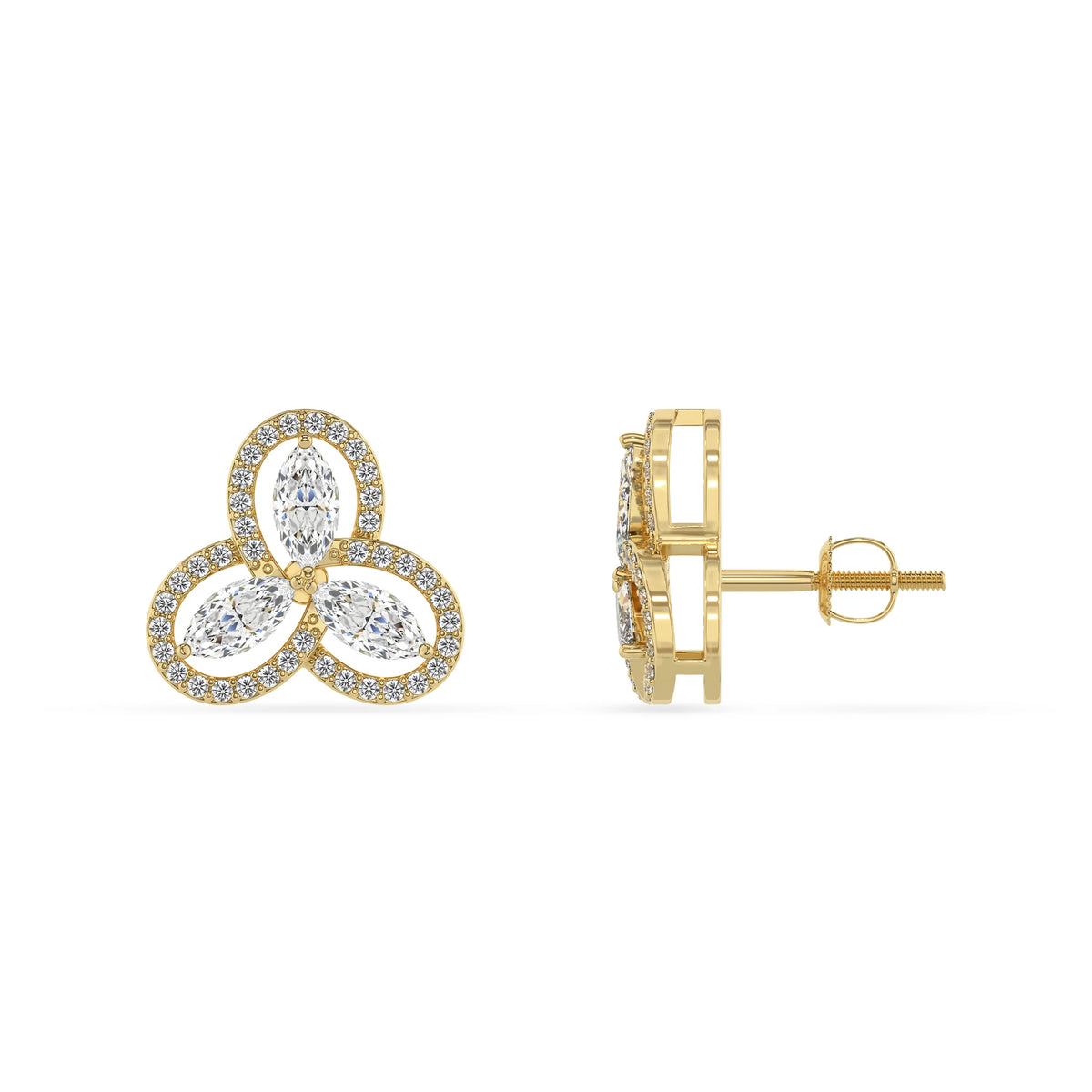 lab grown moissanite marquise stud earrings in yellow gold 