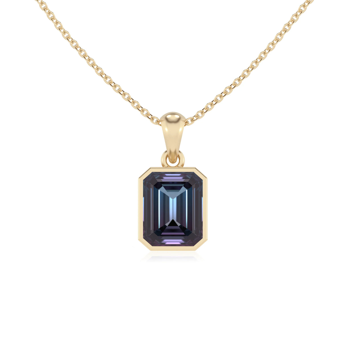 lab grown alexandrite emerald cut solitaire necklaces in yellow gold 