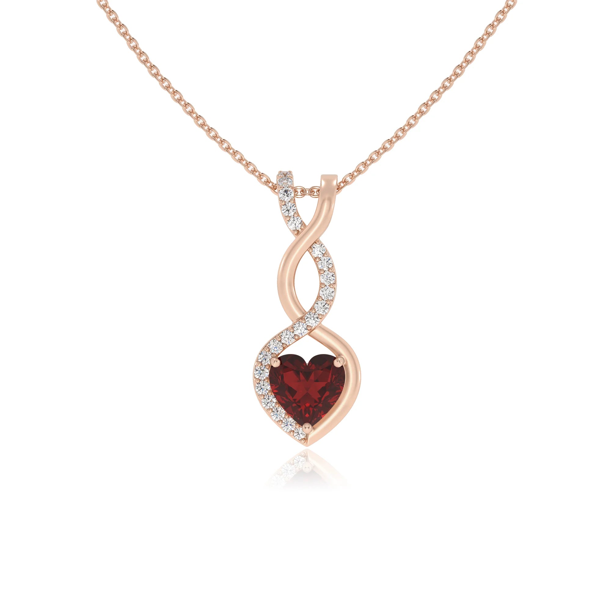 natural garnet heart infinity necklaces in rose gold 
