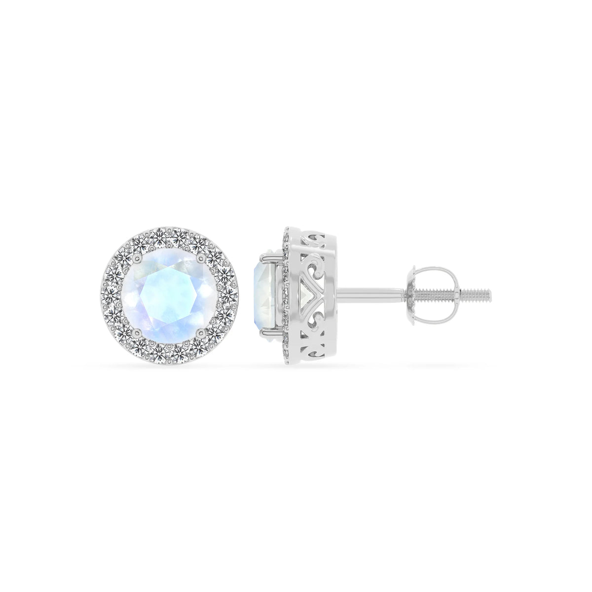 natural rainbow moonstone round stud earrings in platinum 