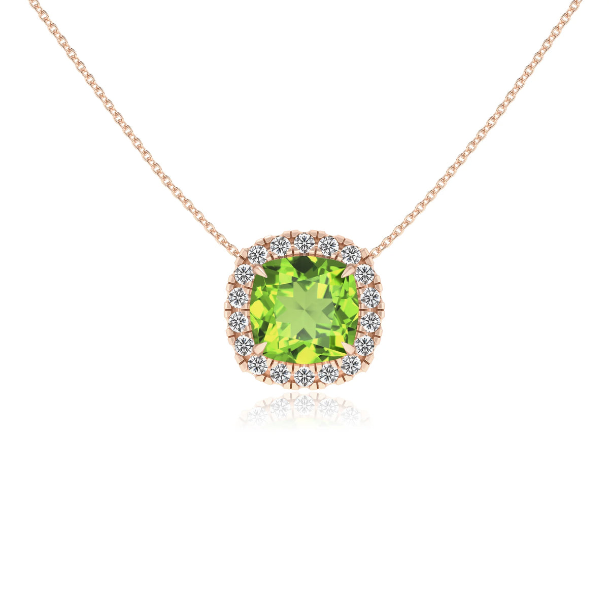 natural peridot cushion solitaire necklaces in rose gold 