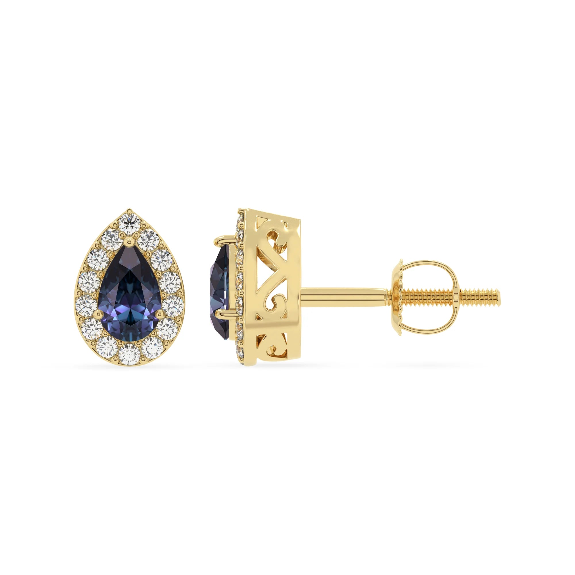 lab grown alexandrite pear stud earrings in yellow gold 