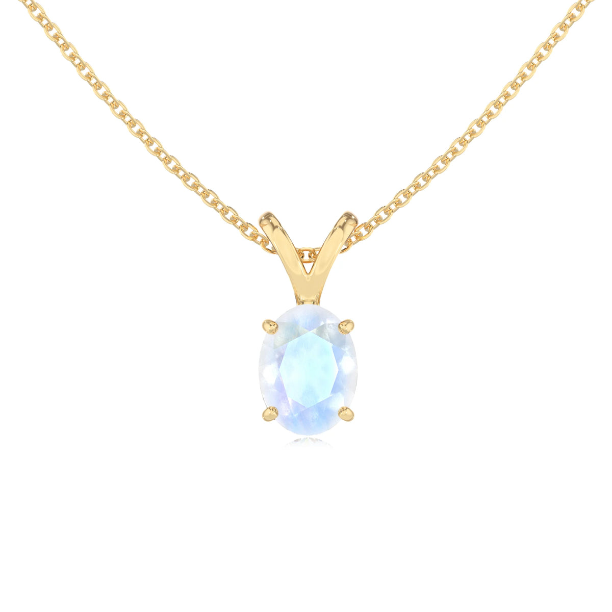 natural rainbow-moonstone oval solitaire v-bale necklaces in yellow gold 
