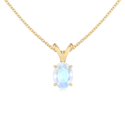 natural rainbow-moonstone oval solitaire v-bale necklaces in yellow gold 